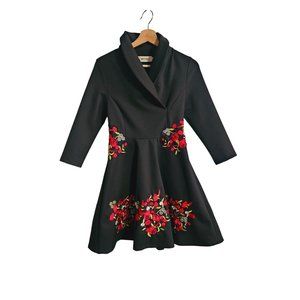 Woman's Metisu Floral embroidered Collared Dress Knee Length Size Small Black